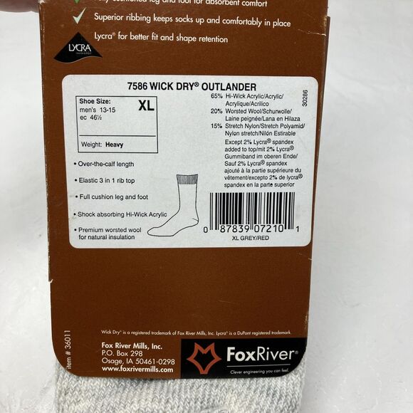Fox River Boot & Field Wick N Dry Socks Outlander XL Heavy Duty Winter Warm - Picture 6 of 8